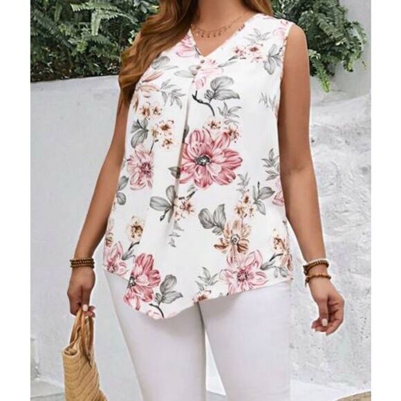 Emory Rose Pleated Tank Top Size XL Sleeveless Blouse Floral  Asymmetrical Light - Picture 2 of 14